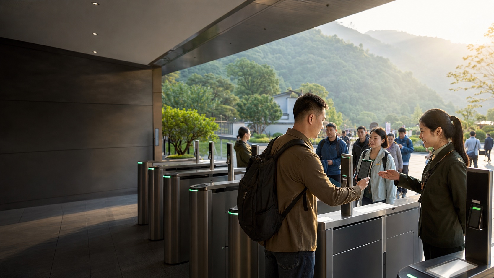 Visitors entering a scenic attraction through smart QR turnstiles