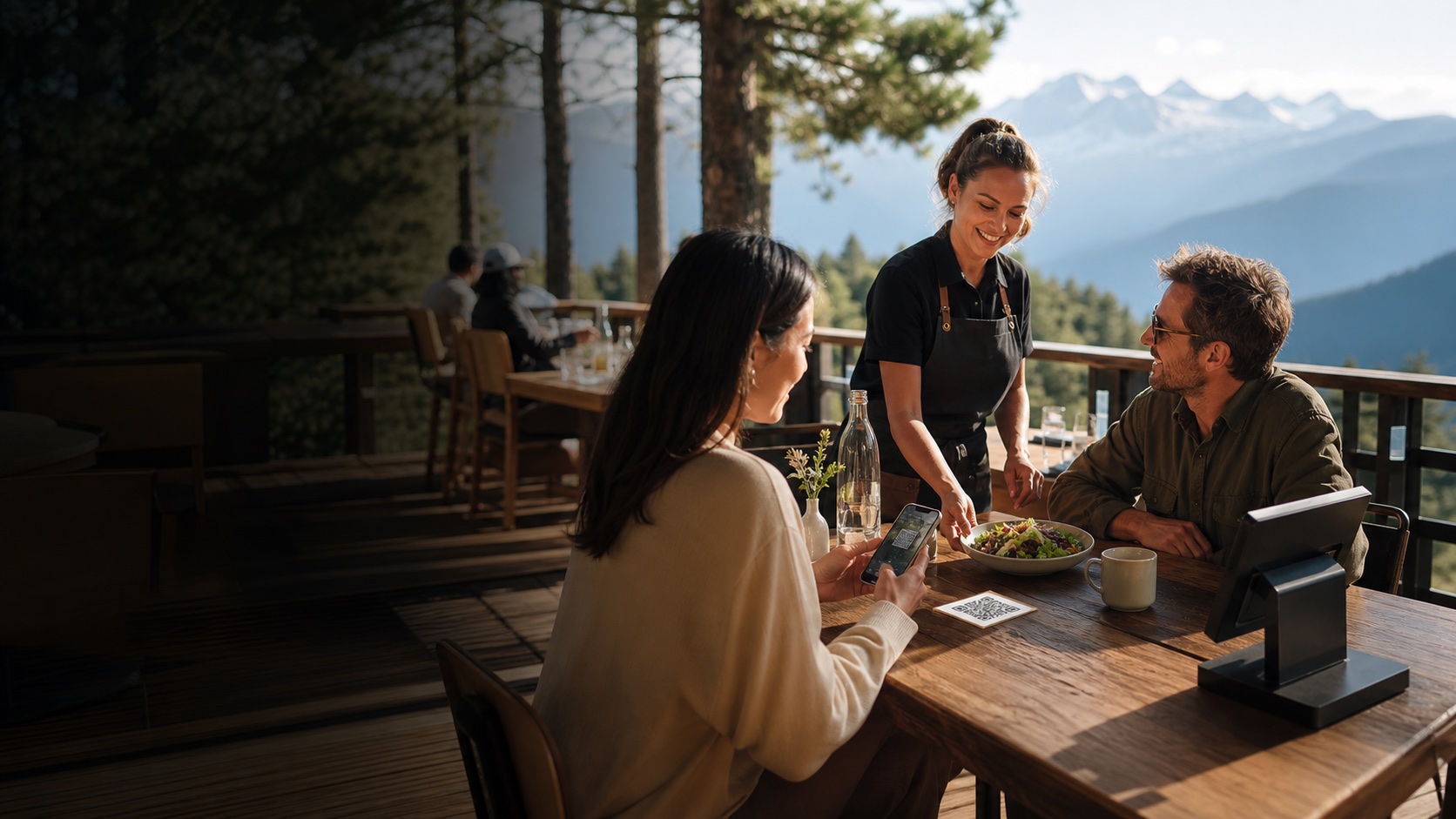 Guests scanning a table QR code to order food inside a scenic destination