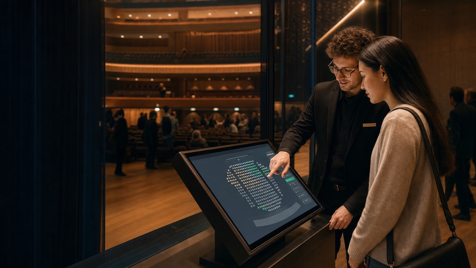 Customer selecting theater seats on a touchscreen seat map