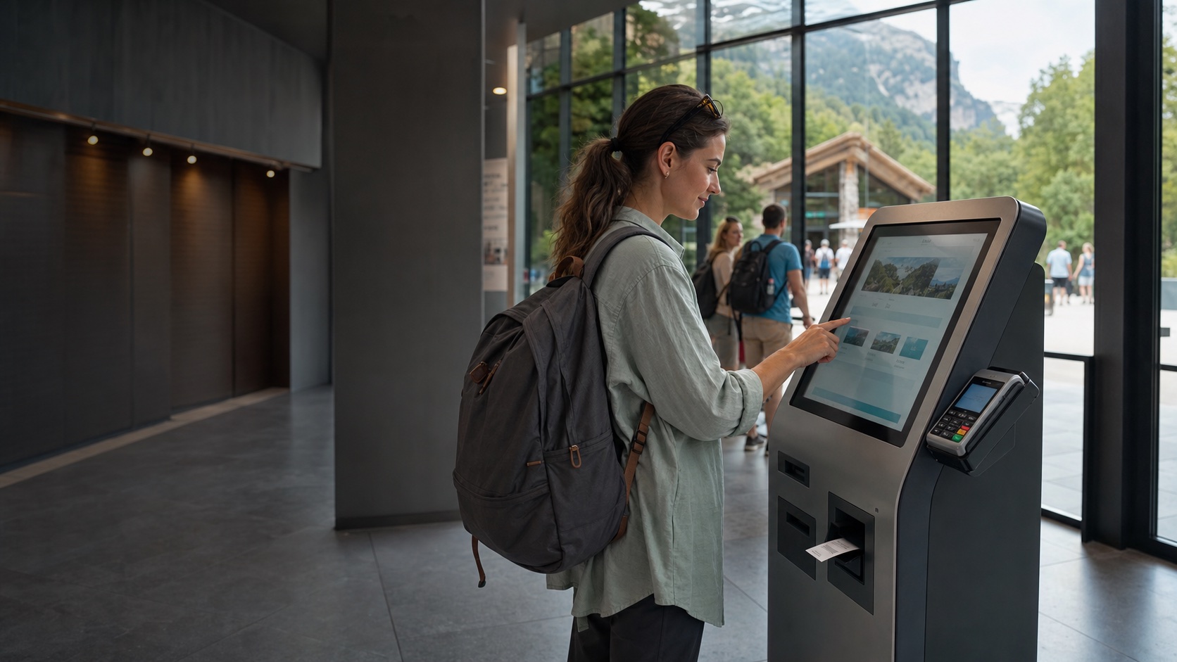 Traveler buying and collecting an attraction ticket at a self-service kiosk